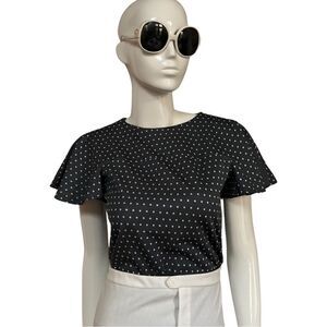 Vintage 1970s Handmade Flutter Sleeve Gray Polka Dot Blouse